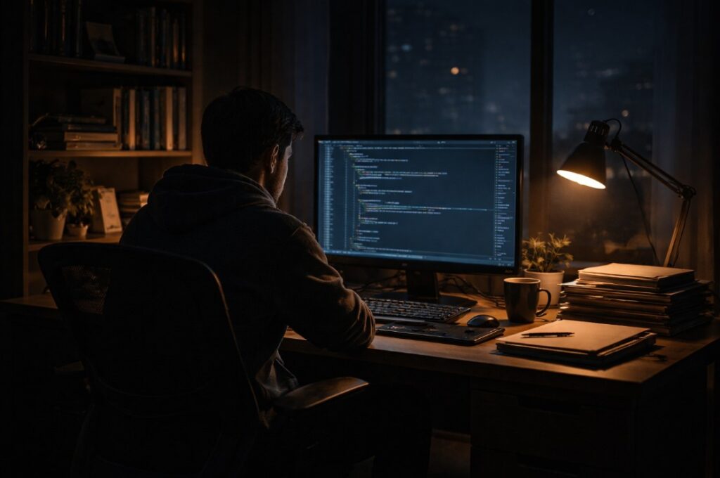 Solo open-source developer working late at night reviewing critical software code with no security team support