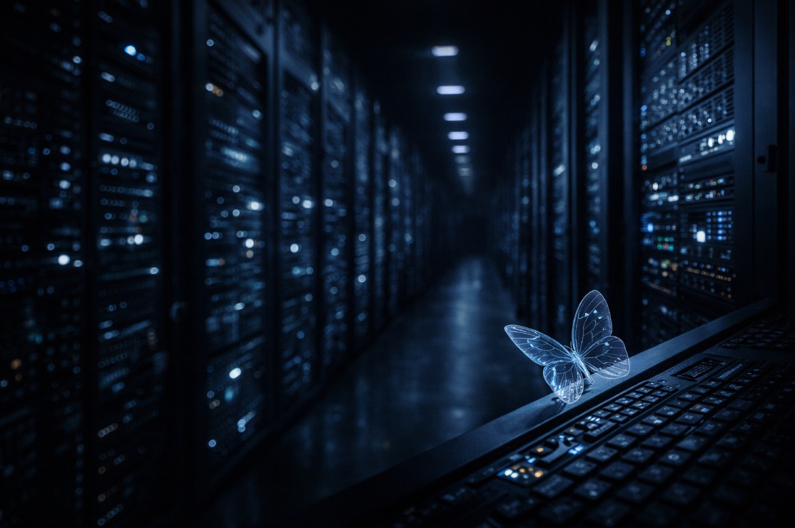 Translucent glasswing butterfly resting on a server rack inside a dark data center corridor, symbolizing invisible zero-day vulnerabilities in critical infrastructure