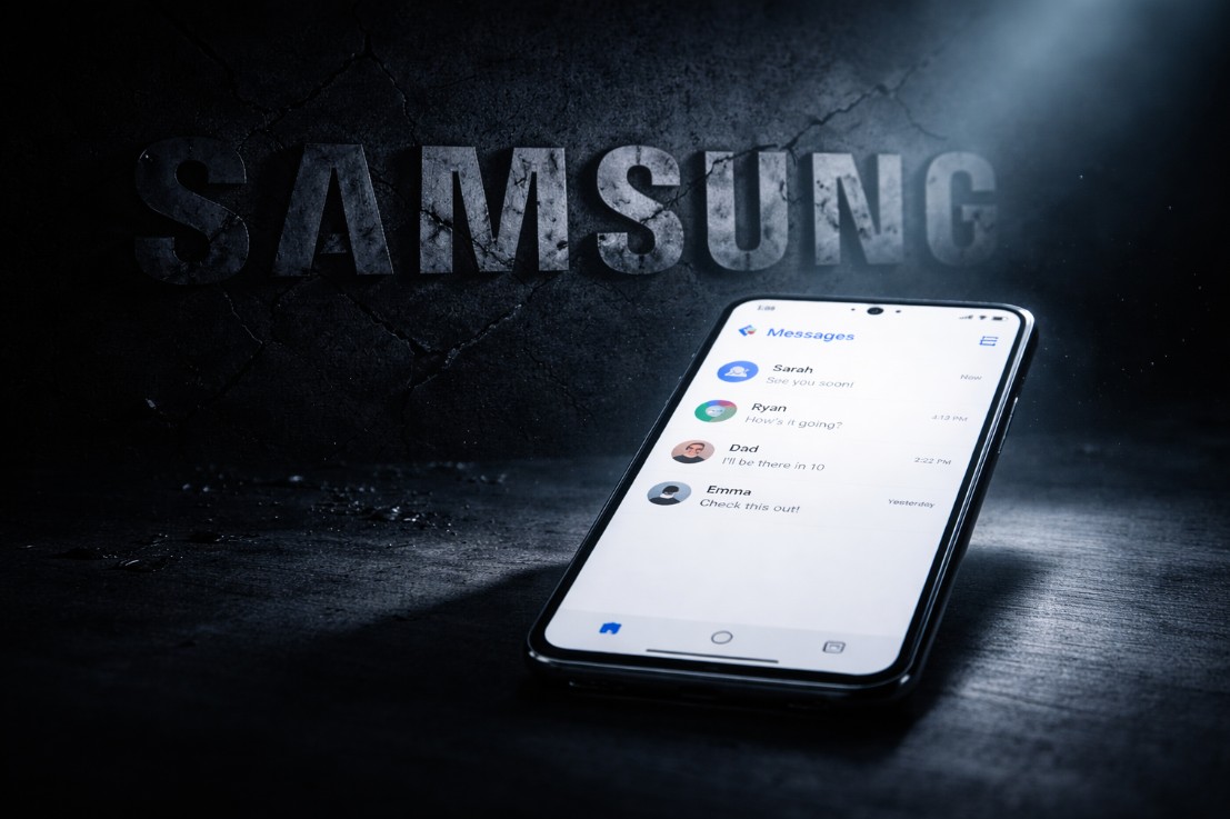 Samsung Messages app discontinued 2026 — cracked Samsung logo fading in background with Google Messages active on Galaxy smartphone in foreground