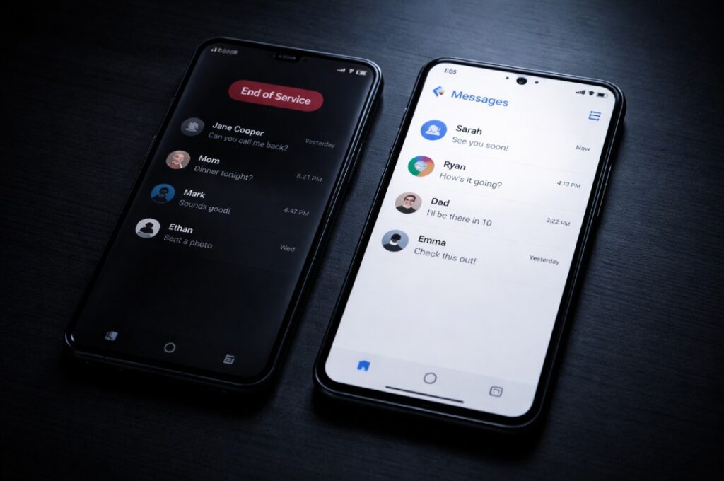 Samsung Messages app showing End of Service notice next to active Google Messages interface on two smartphones