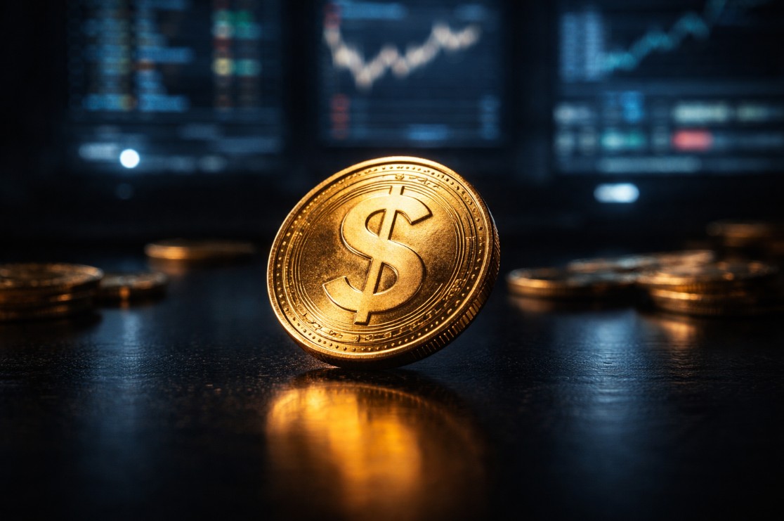 Gold dollar coin standing upright on dark reflective surface with financial market charts in background, representing stablecoin yields debate in US crypto regulation 2026