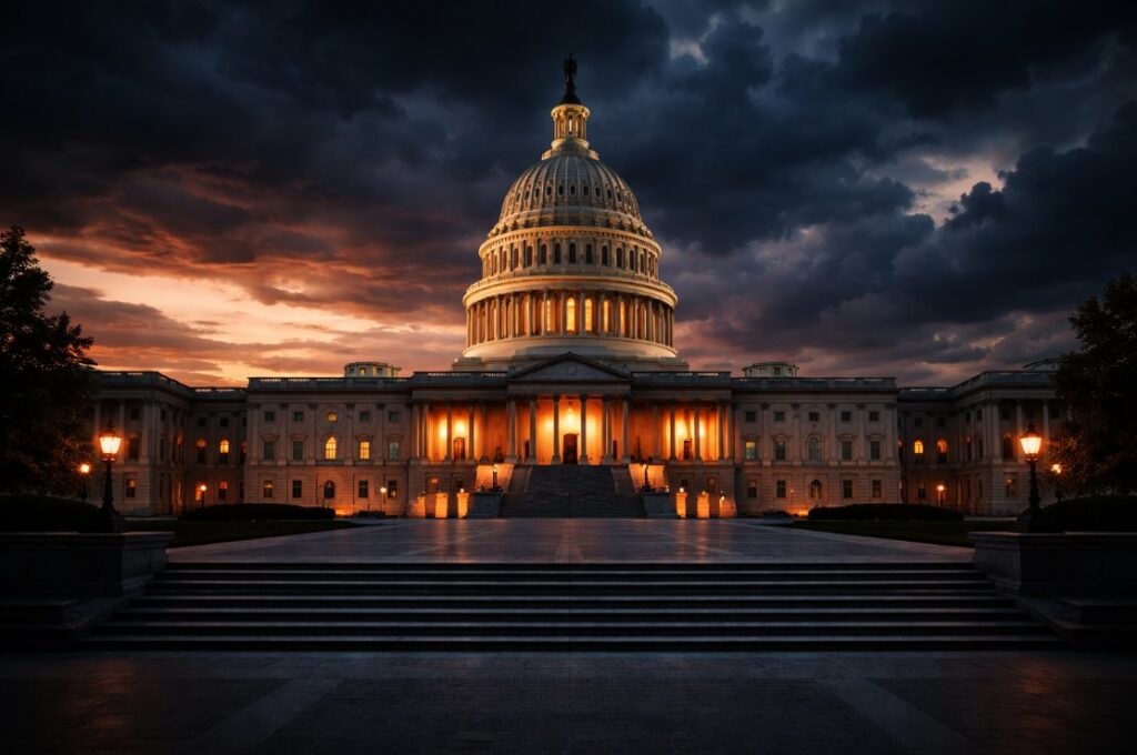 US Capitol building at dramatic dusk with stormy sky, symbolizing stablecoin regulation debate and CLARITY Act negotiations in Congress 2026