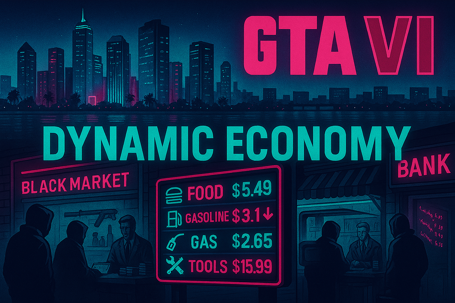 GTA 6 Dynamic Economy header featuring Vice City skyline, black market, bank, and price board in neon style