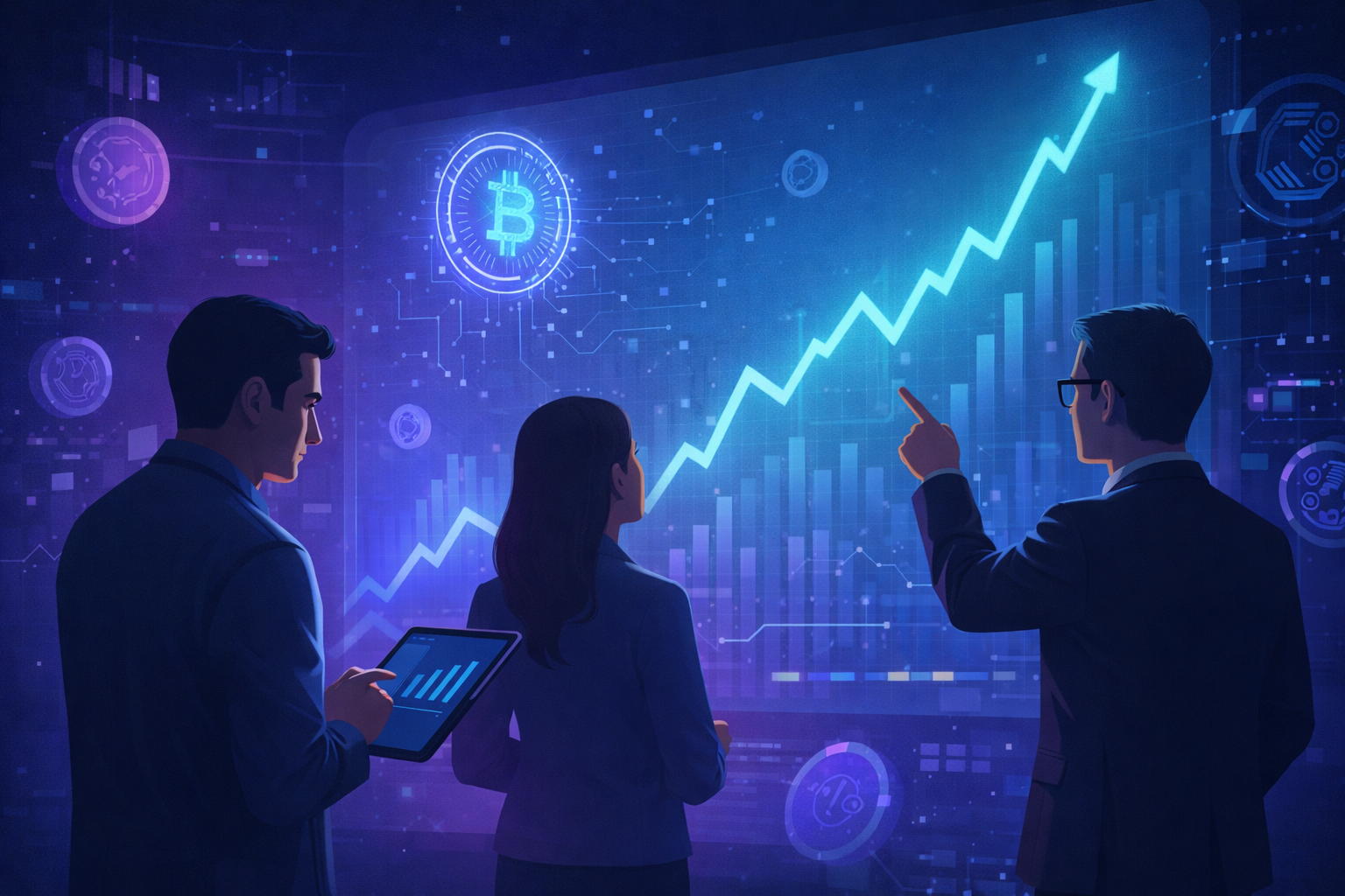 Investors analyzing a rising crypto presale chart with AI and blockchain visuals in a futuristic trading environment.