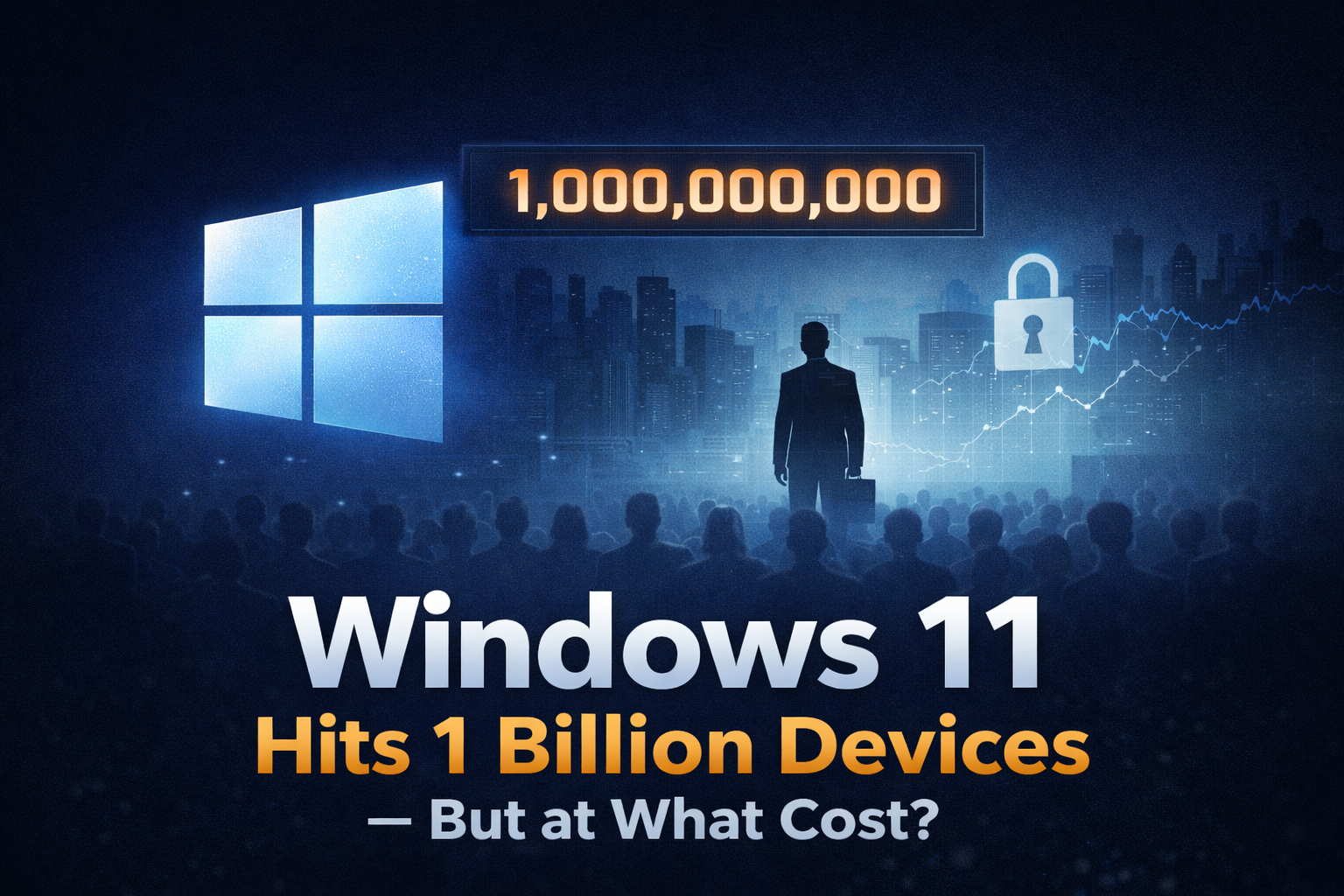 Minimalist digital illustration showing Windows 11 hitting one billion devices, with a blue-toned city skyline, a glowing Windows logo, and the question: "But at what cost?"
