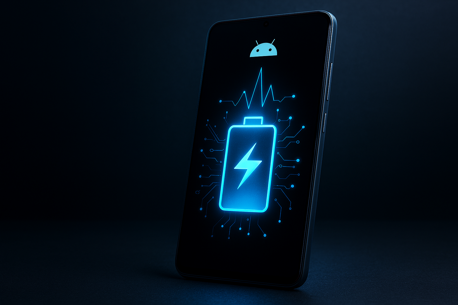 “Modern Android smartphone with glowing AI‑optimized battery graphics on a dark tech background.”
