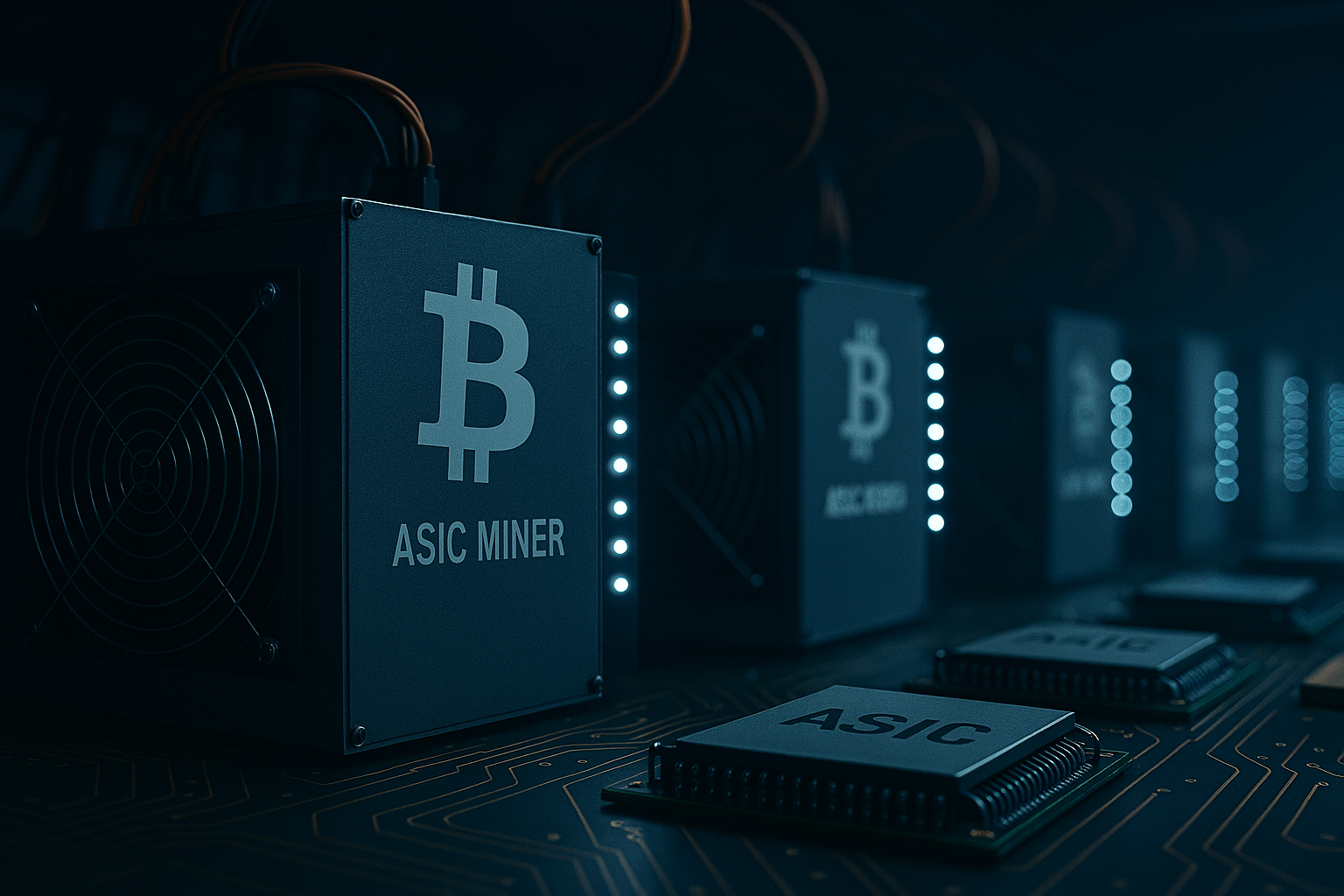 “Wide-angle view of a futuristic Bitcoin mining hall with rows of illuminated ASIC miners under cool LED lighting.”