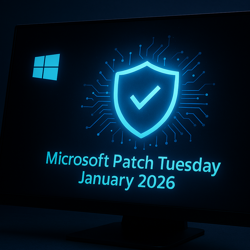 “Windows desktop with a glowing blue shield icon representing Microsoft’s January 2026 Patch Tuesday security update.”