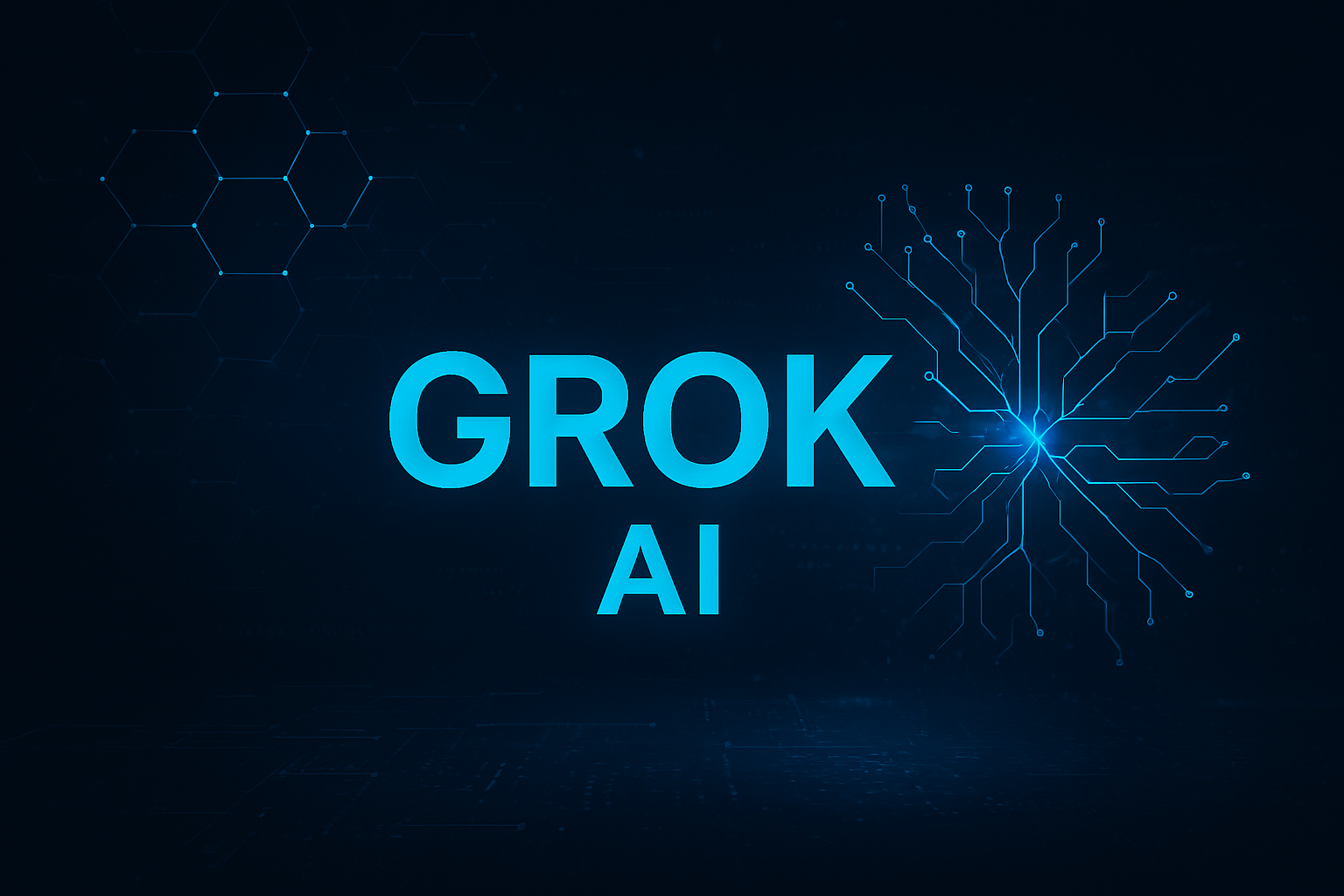 Futuristic illustration of artificial intelligence with glowing neural networks and digital circuits in blue neon tones, inspired by Grok technology.
