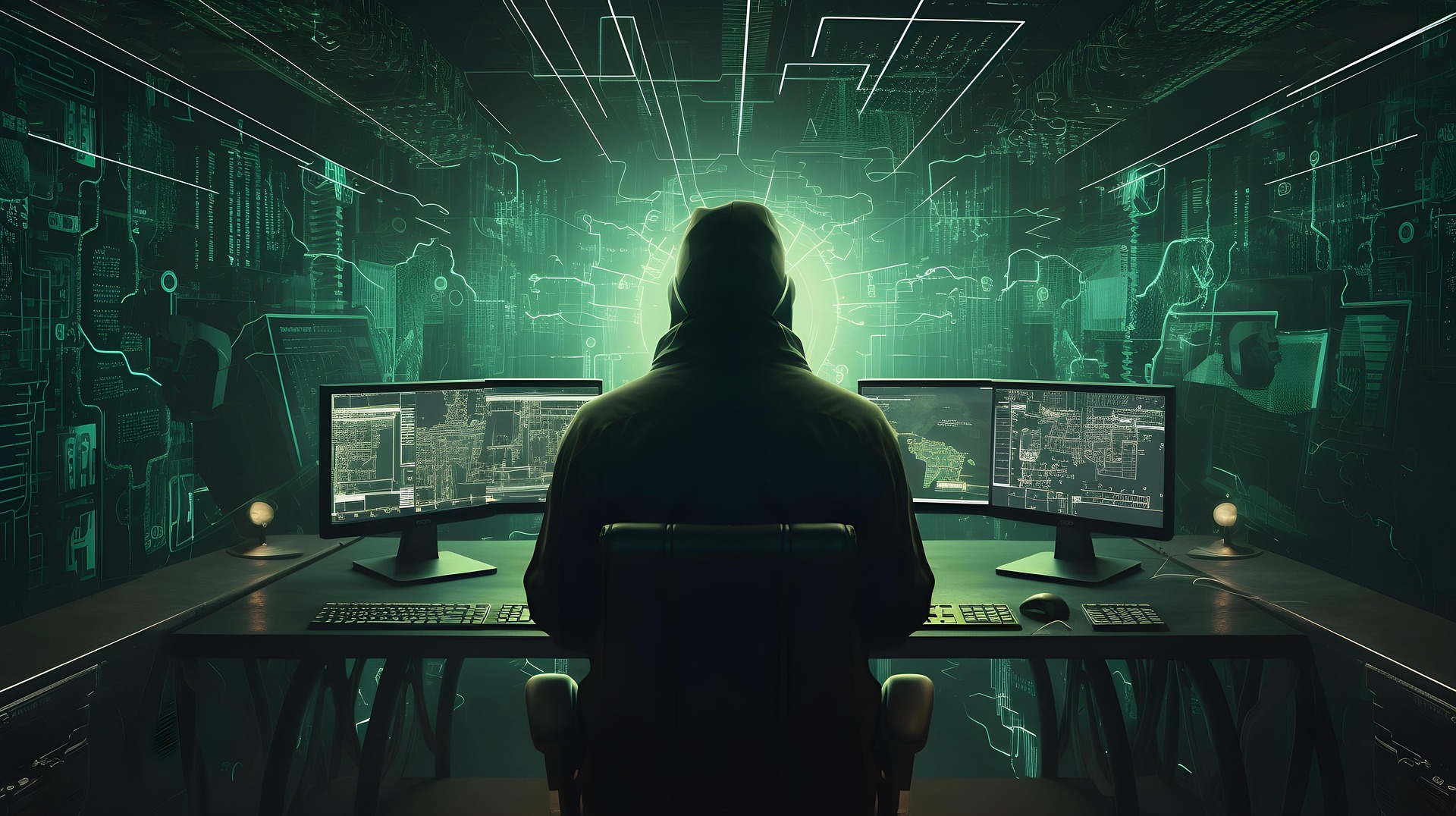 Person sitting at a multi‑monitor workstation surrounded by glowing green cybernetic interface elements in a futuristic hacking environment