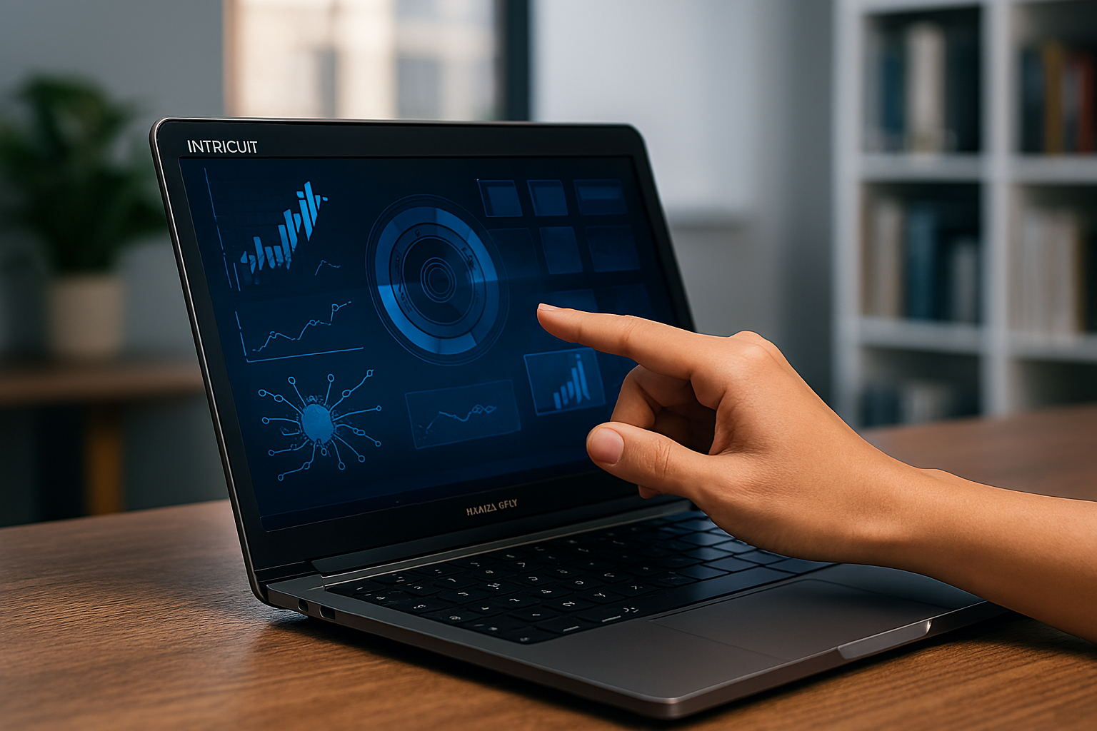 Editorial image showing a MacBook with a transparent touchscreen overlay on a wooden desk in a modern office. A user’s hand interacts with the screen displaying futuristic blue-toned data graphics.