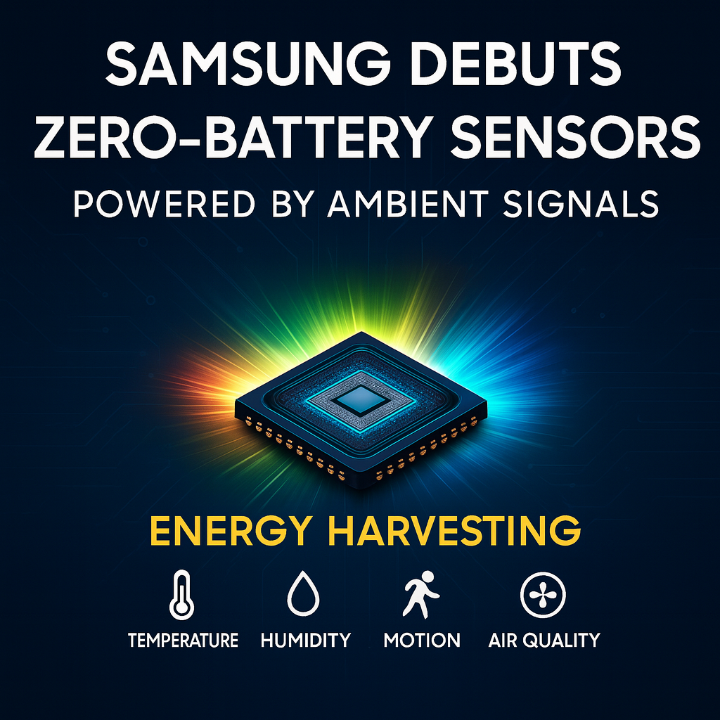 Samsung Zero-Battery Sensor harvesting ambient energy from Wi-Fi, light, and vibrations in a futuristic circuit layout