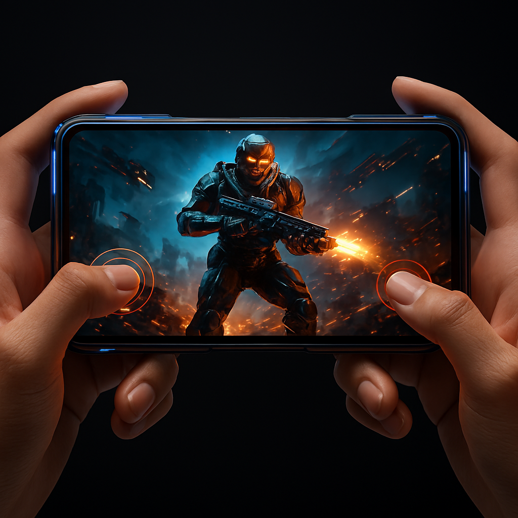 Hands holding a futuristic gaming smartphone in landscape mode, screen showing a sci-fi shooter game