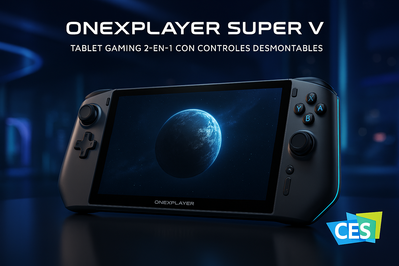 "OneXPlayer Super V, tablet gaming 2‑en‑1 con controles desmontables y pantalla OLED."
