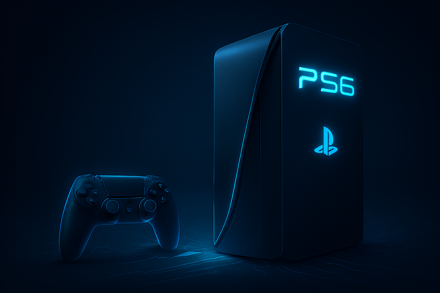 Futuristic concept of a next-generation console and two controllers with glowing blue accents and holographic circuitry in a dark blue setting.