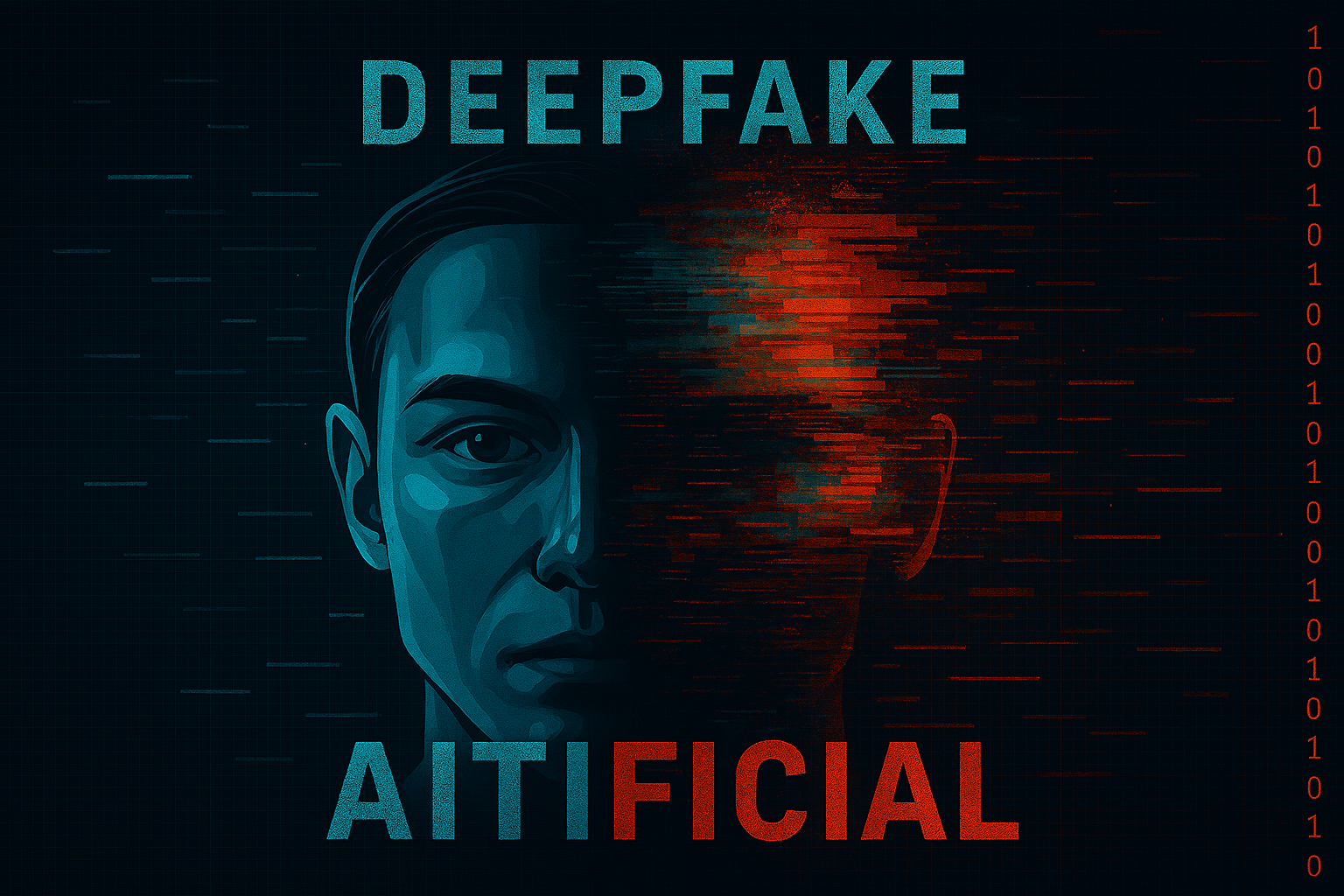 Digital illustration of AI deepfake concept with glitch effects and synthetic face, horizontal layout
