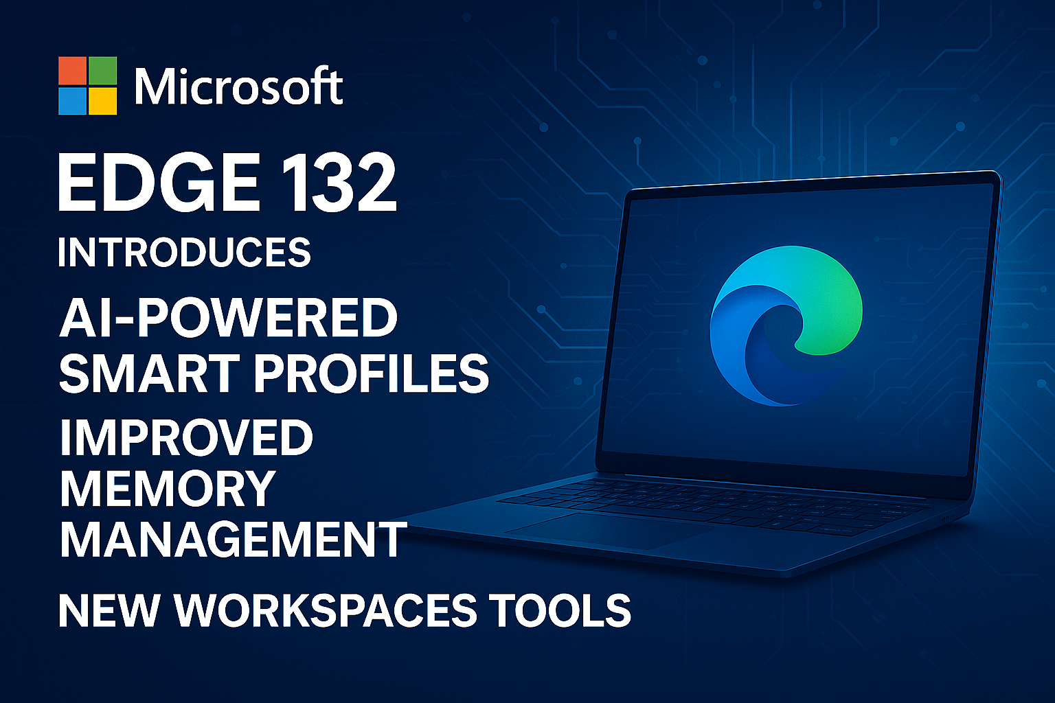 Futuristic Microsoft Edge 132 software update illustration with laptop, glowing blue circuits, and AI interface elements