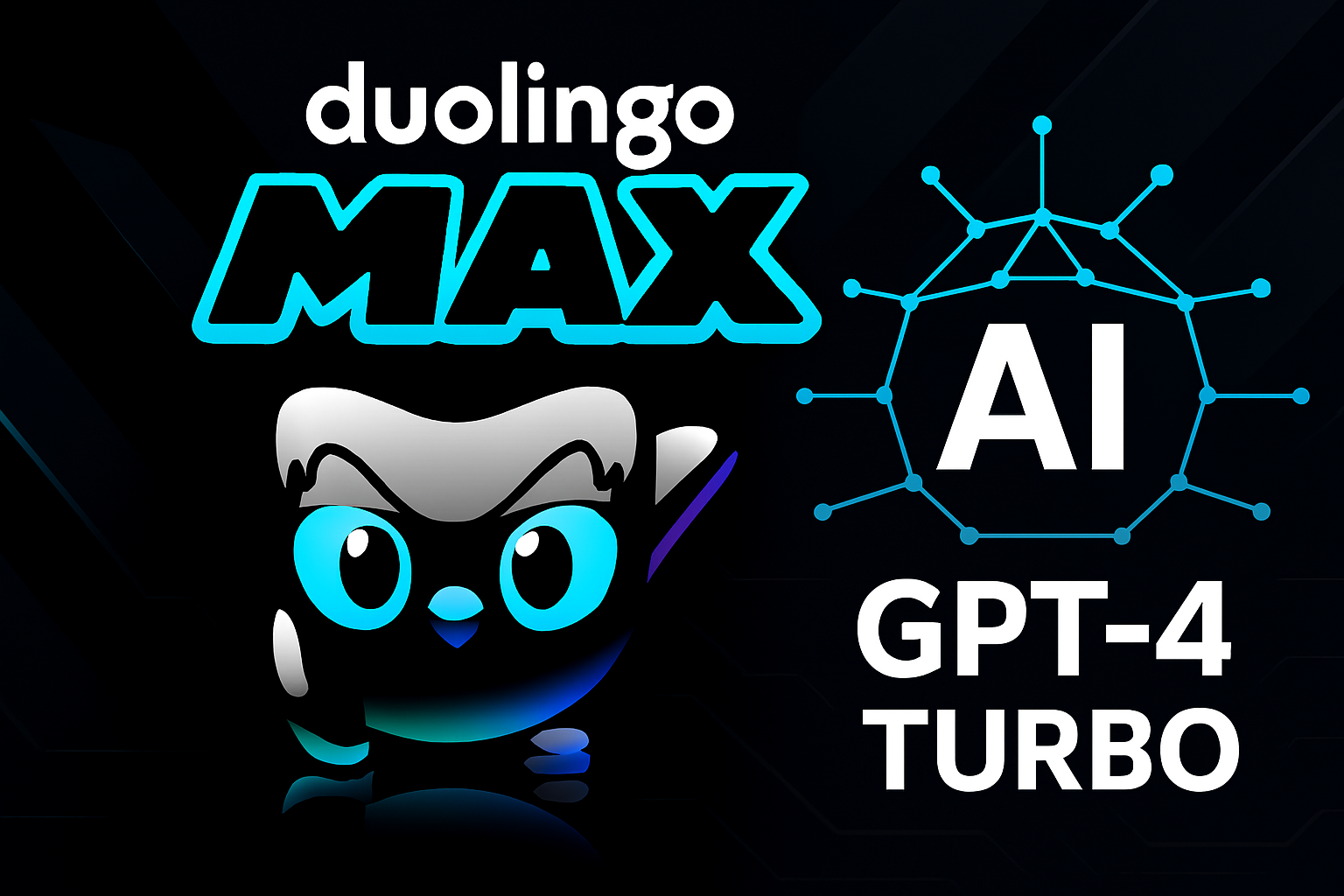 Original Duolingo Max-inspired image with neon owl mascot, GPT‑4 Turbo elements, and abstract tech background.