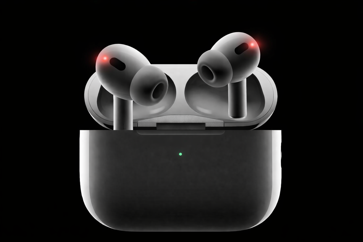AirPods Pro concept with subtle infrared sensor glow on both earbuds, illustrating environmental sensing without image capture