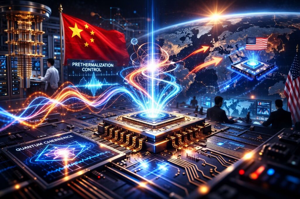 China quantum computing race visualization showing prethermalization control and global technological competition