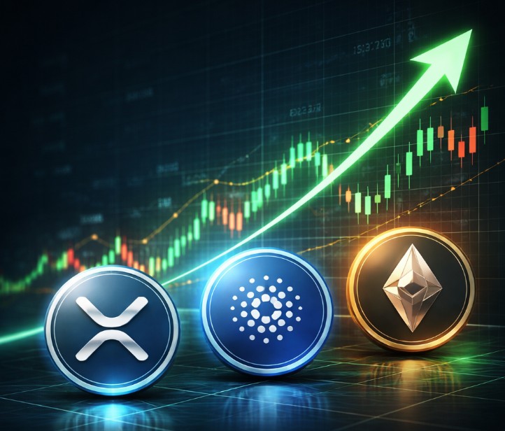 Crypto price chart showing XRP, Cardano (ADA), and Ethereum (ETH) with an upward trend on a trading screen