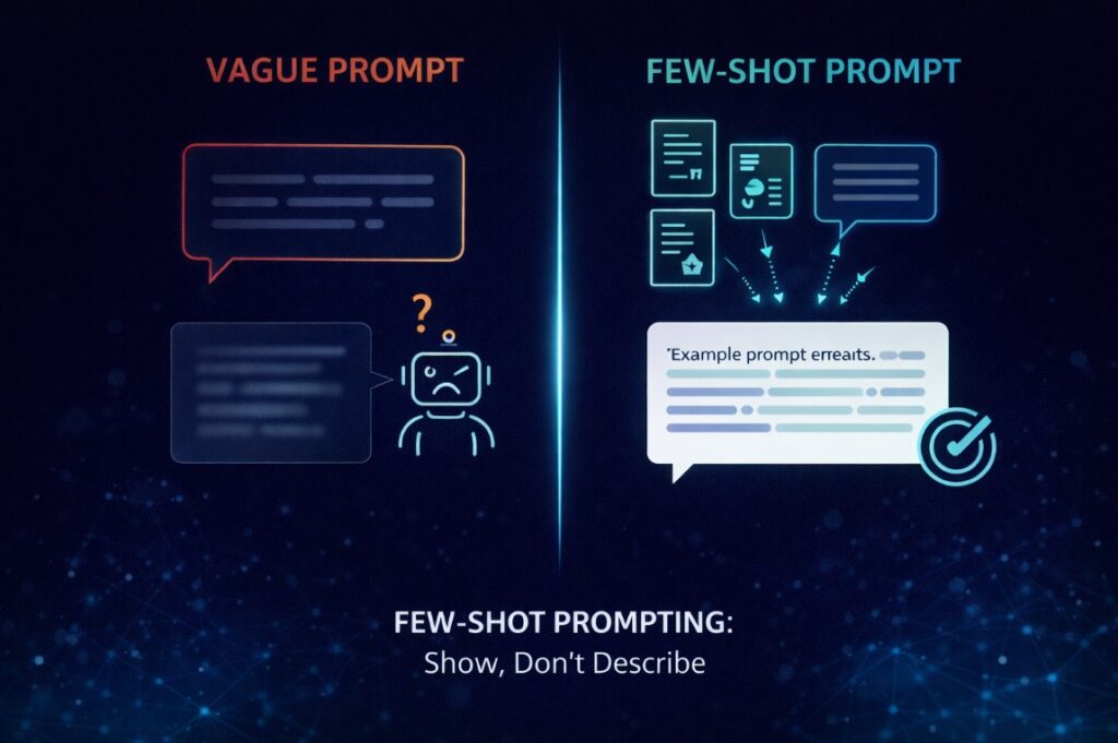 Few-shot prompting vs vague prompt comparison infographic showing structured examples producing precise AI output