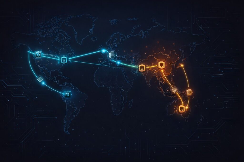 Global AI chip trade routes map showing connected GPU infrastructure between United States, China, Europe, and India