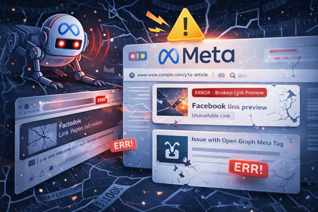 Illustration of Meta and Facebook platform disruption affecting link previews and Open Graph metadata