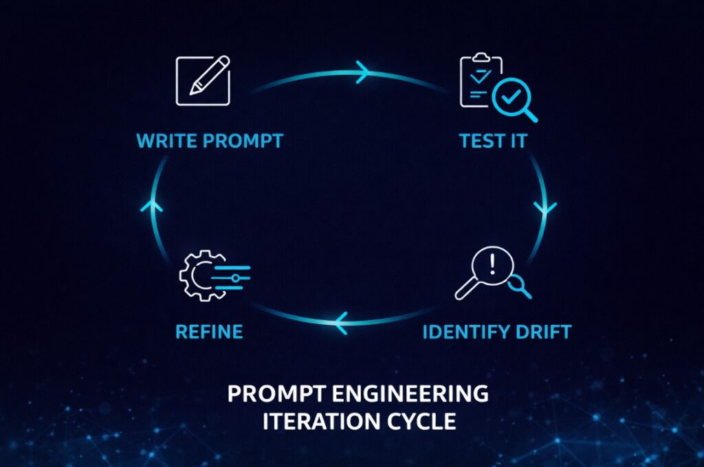 Prompt engineering iteration cycle infographic showing write prompt, test it, identify drift, and refine in circular flow