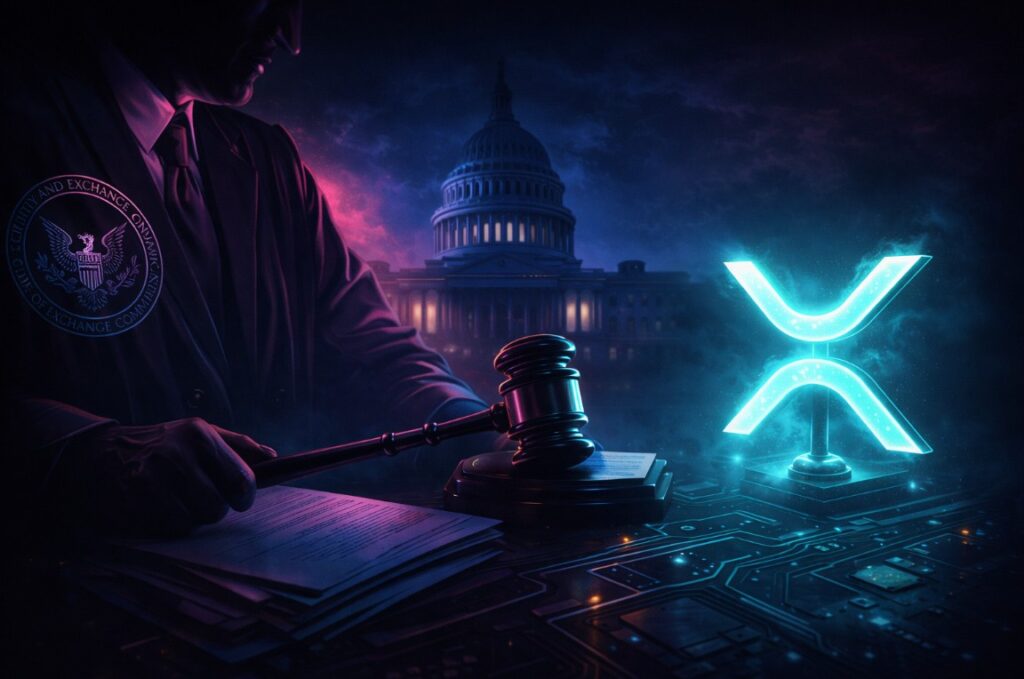 SEC vs Ripple XRP courtroom illustration with gavel and glowing XRP logo in front of U.S. Capitol at night