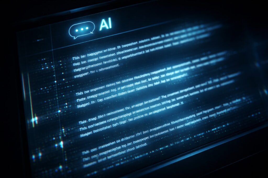Cinematic close-up of a glowing AI interface with subtle glitch distortion suggesting unreliable or corrupted output