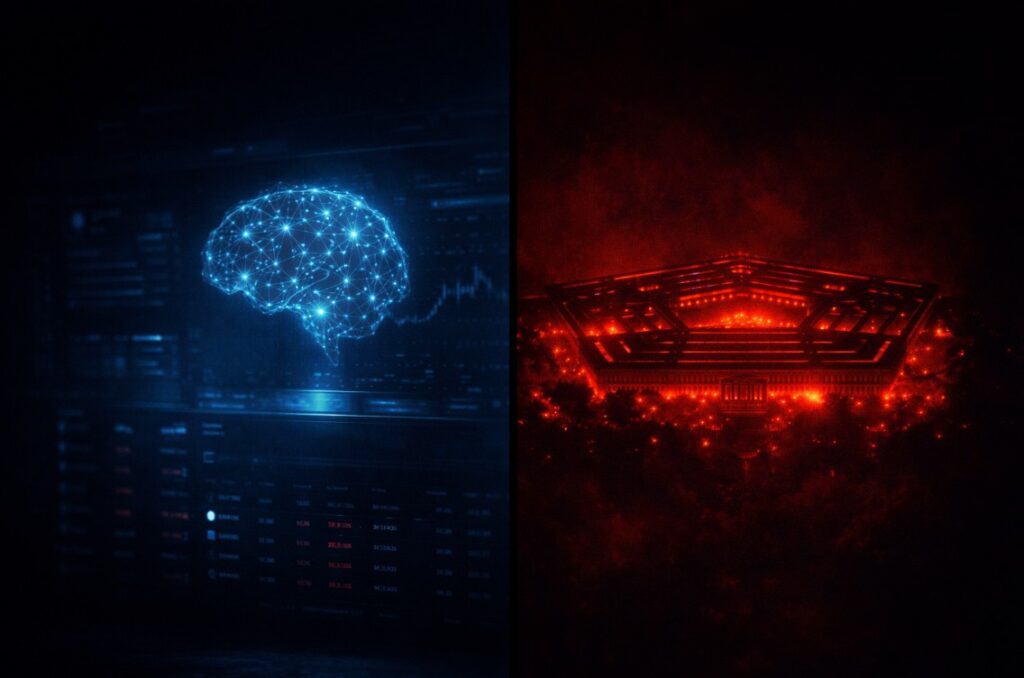 Split cinematic image showing a blue AI interface on one side and a red Pentagon silhouette on the other, symbolizing tension between technology and military power