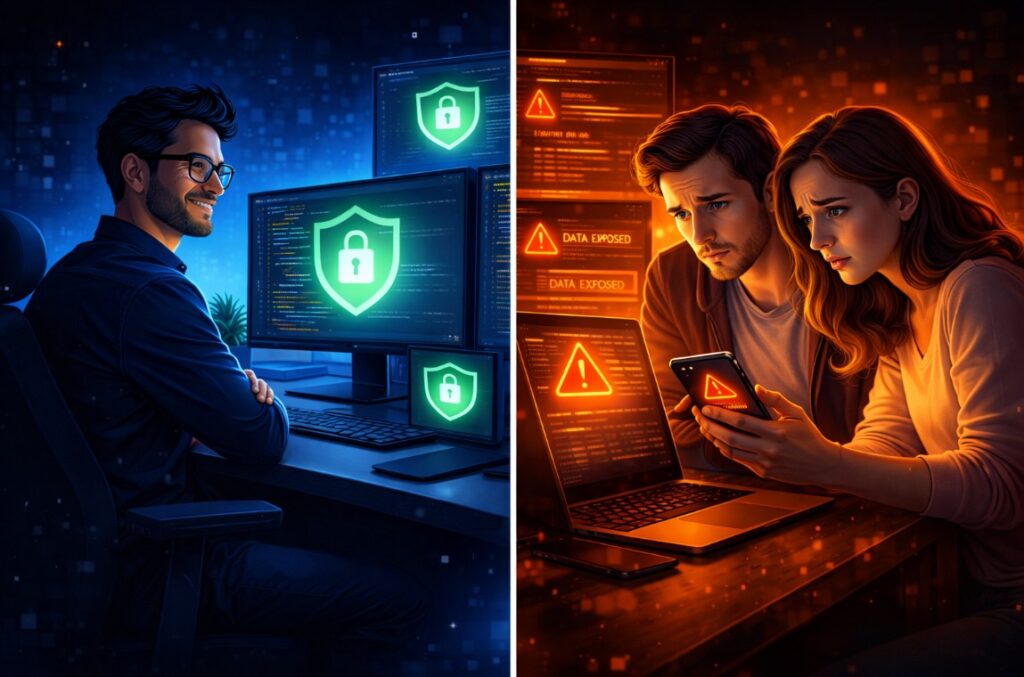 Split scene showing a secure developer workstation with security shields on one side and worried users facing data exposure warnings on the other