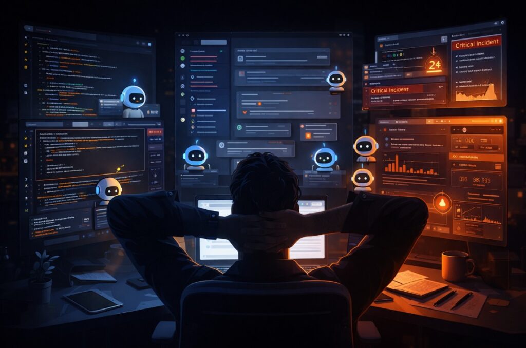 Developer leaning back while multiple AI agents operate across code windows, alerts, and monitoring dashboards