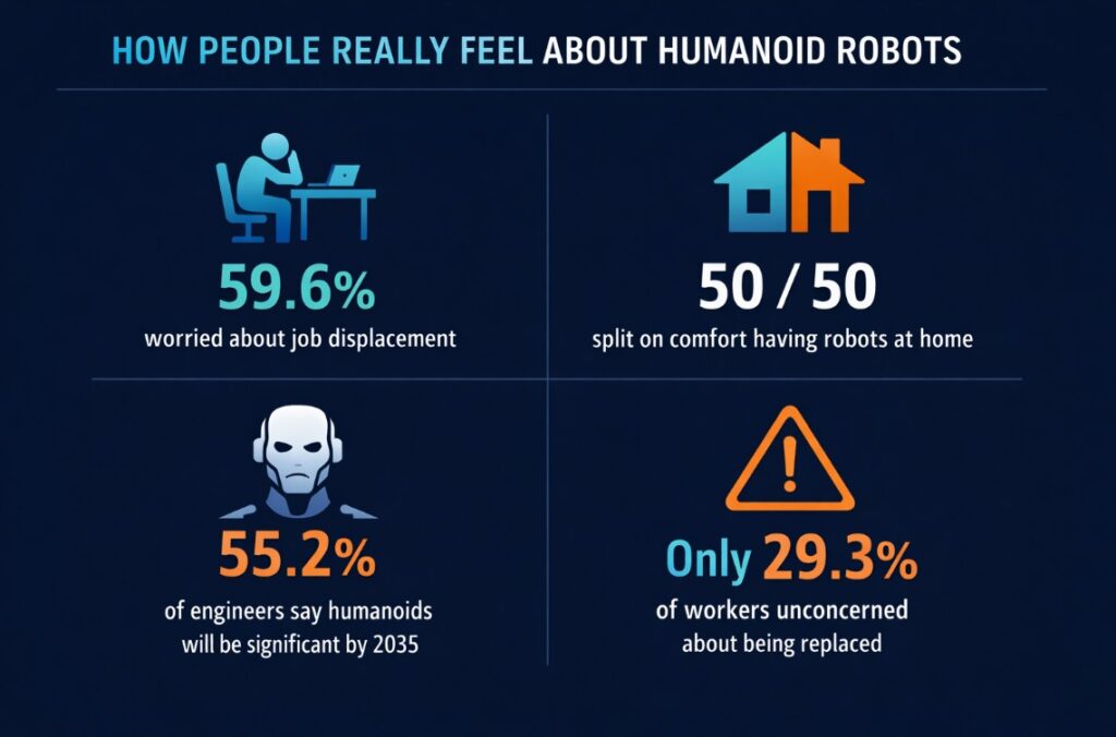 Dark navy infographic showing public opinion statistics about humanoid robots including job displacement concerns and engineer forecasts for 2035