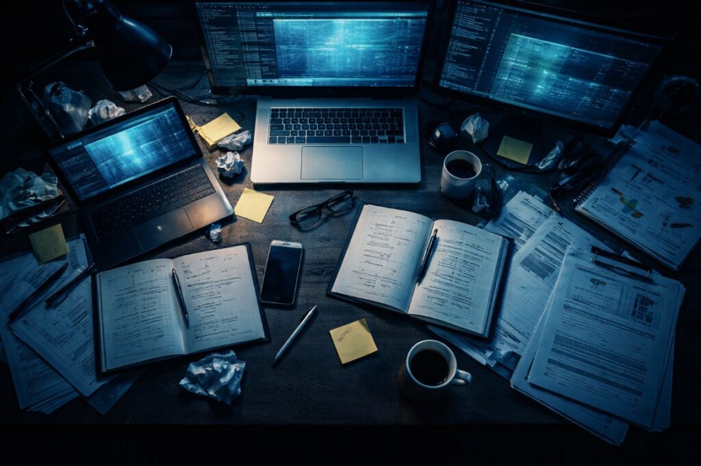 Overhead cinematic view of a cluttered desk with multiple screens, notebooks, and sticky notes representing information overload